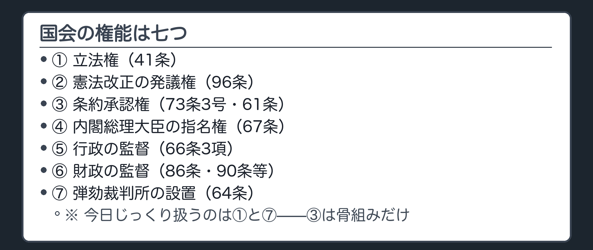七つの権能一覧(①立法権41条／②憲法改正の発議権96条／③条約承認権73条3号・61条／④内閣総理大臣の指名権67条／⑤行政の監督66条3項／⑥財政の監督86条・90条等／⑦弾劾裁判所の設置64条／今日じっくり扱うのは①と⑦、③は骨組みだけ)