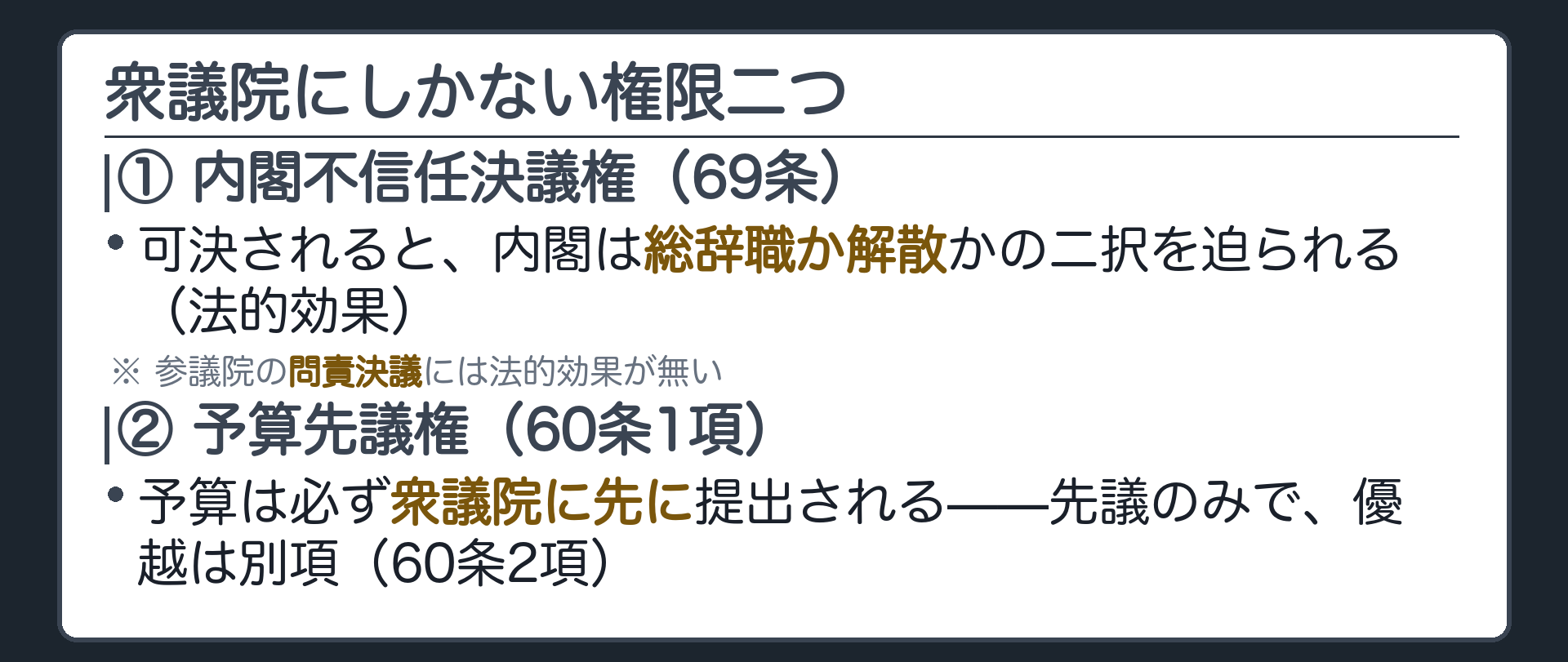 衆議院にしかない権限二つ(①内閣不信任決議権=69条・総辞職か解散かの二択という法的効果、参議院の問責決議には法的効果なし／②予算先議権=60条1項・先議だけで優越は別項)
