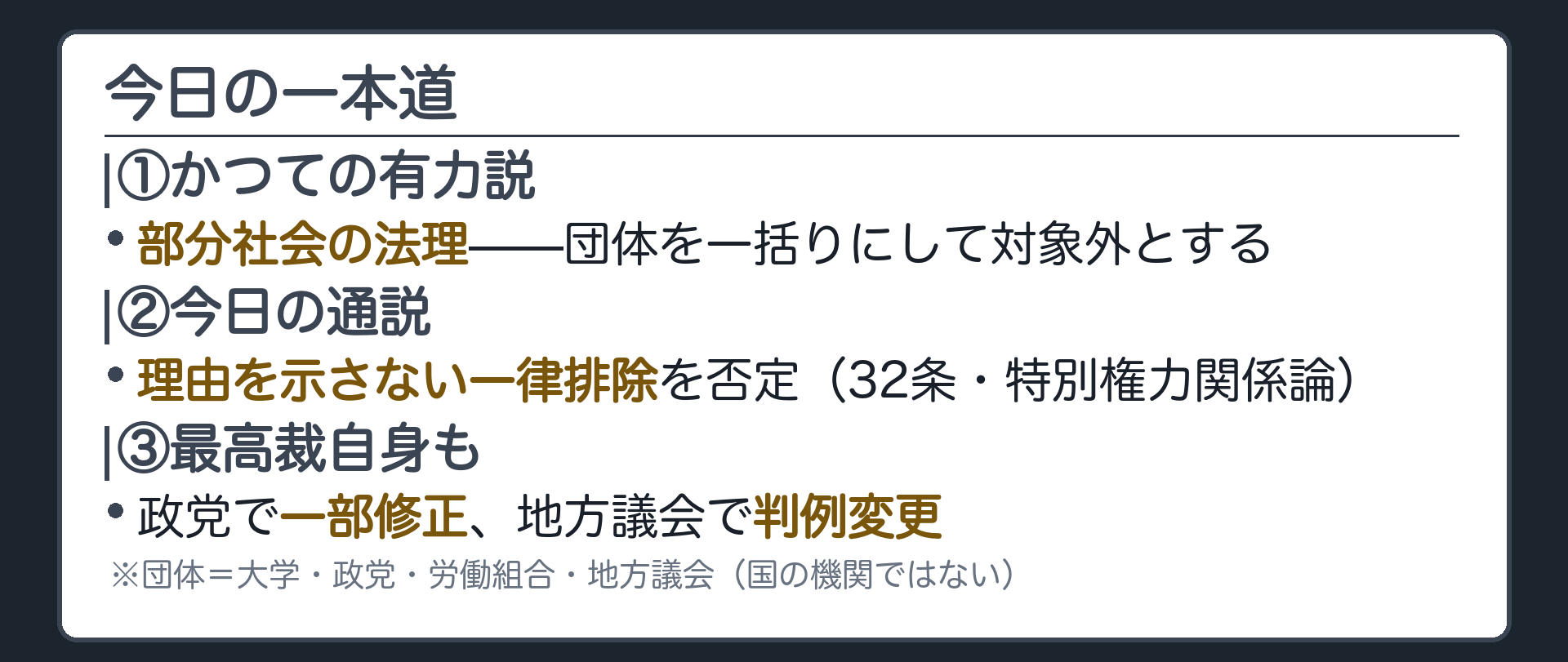 今日の一本道(かつての有力説＝部分社会の法理・団体を一括りにして対象外とする／今日の通説＝理由を示さない一律排除を否定〔32条・特別権力関係論〕／最高裁自身も政党で一部修正・地方議会で判例変更／団体＝大学・政党・労働組合・地方議会〔国の機関ではない〕)
