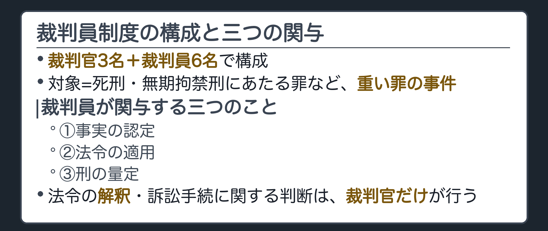 裁判員制度の構成と三つの関与(裁判官三名+裁判員六名で構成／対象=死刑・無期拘禁刑にあたる罪など、重い罪の事件／裁判員が関与するのは三つ=事実の認定／法令の適用／刑の量定／法令の解釈・訴訟手続に関する判断は、裁判官だけが行う)