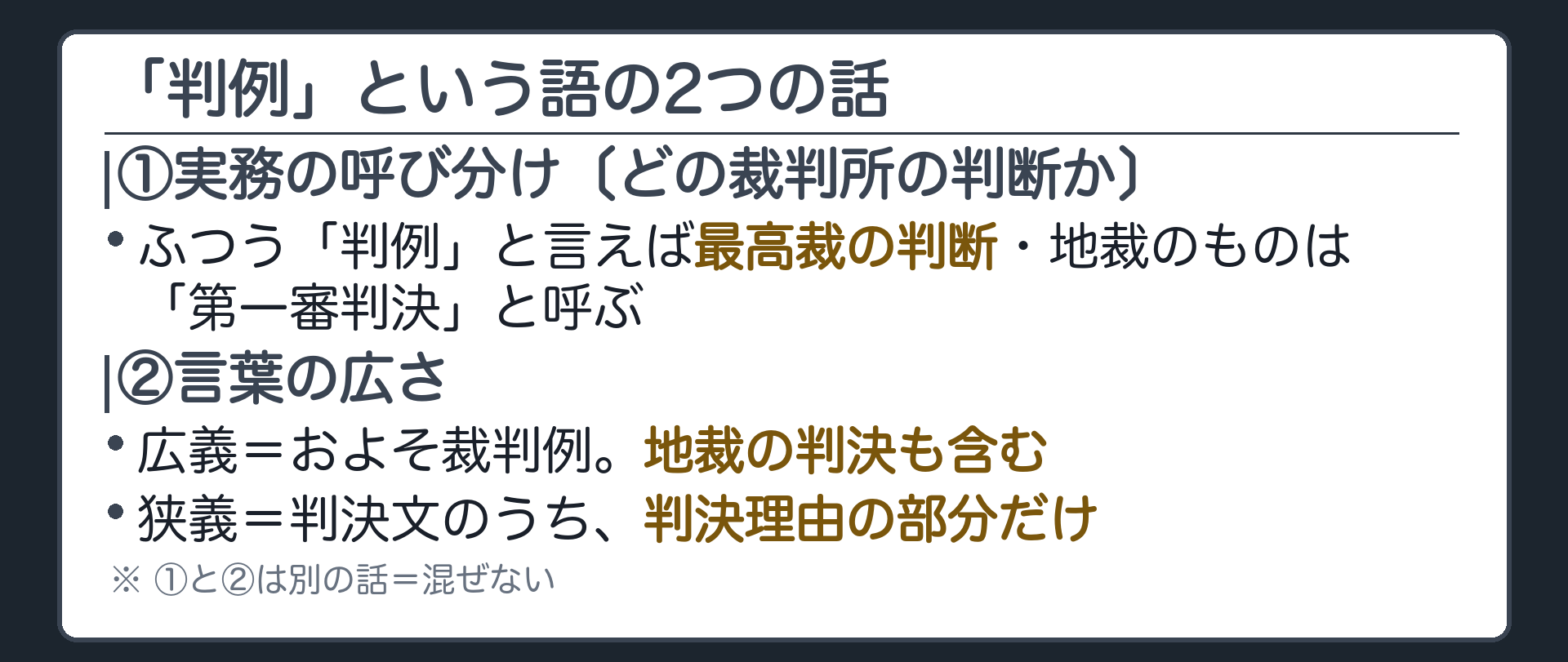 「判例」という語の2つの話(①実務の呼び分け〔どの裁判所の判断か〕=ふつう「判例」と言えば最高裁の判断・地裁のものは「第一審判決」と呼ぶ／②言葉の広さ=広義〔およそ裁判例。地裁の判決も含む〕・狭義〔判決文のうち、判決理由の部分だけ〕／①と②は別の話=混ぜない)