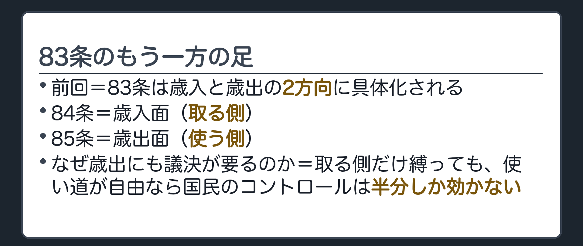 83条のもう一方の足(前回=83条は歳入と歳出の2方向に具体化される／84条=歳入面（取る側）／85条=歳出面（使う側）／なぜ歳出にも議決が要るのか=取る側だけ縛っても、使い道が自由なら国民のコントロールは半分しか効かない)
