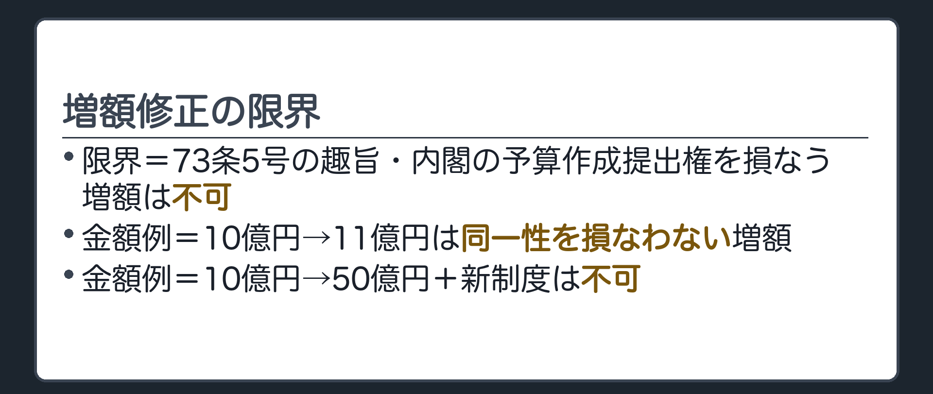 増額修正の限界(限界=73条5号の趣旨・内閣の予算作成提出権を損なう増額は不可／金額例=10億円→11億円は同一性を損なわない増額・10億円→50億円＋新制度は不可)