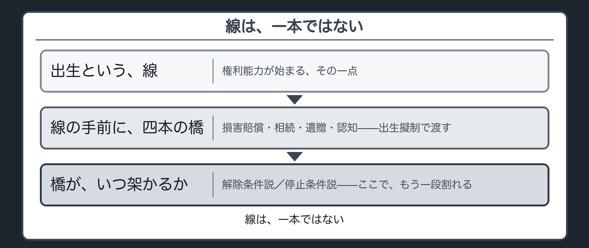 線と橋の三段構え板（出生の線／その手前の四本の橋／橋がいつ架かるかという三層）＋線は一本ではないという結論