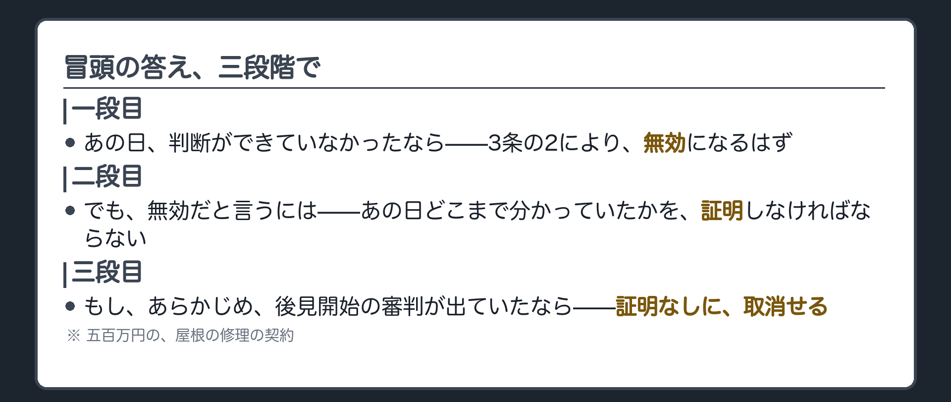回収の板（三段階で回収＝一段目は無効になるはず・二段目はその日の判断能力を証明するのは重い・三段目は審判が出ていれば証明なしに取消せる）＋届く範囲と証明の要否が裏返しという確認