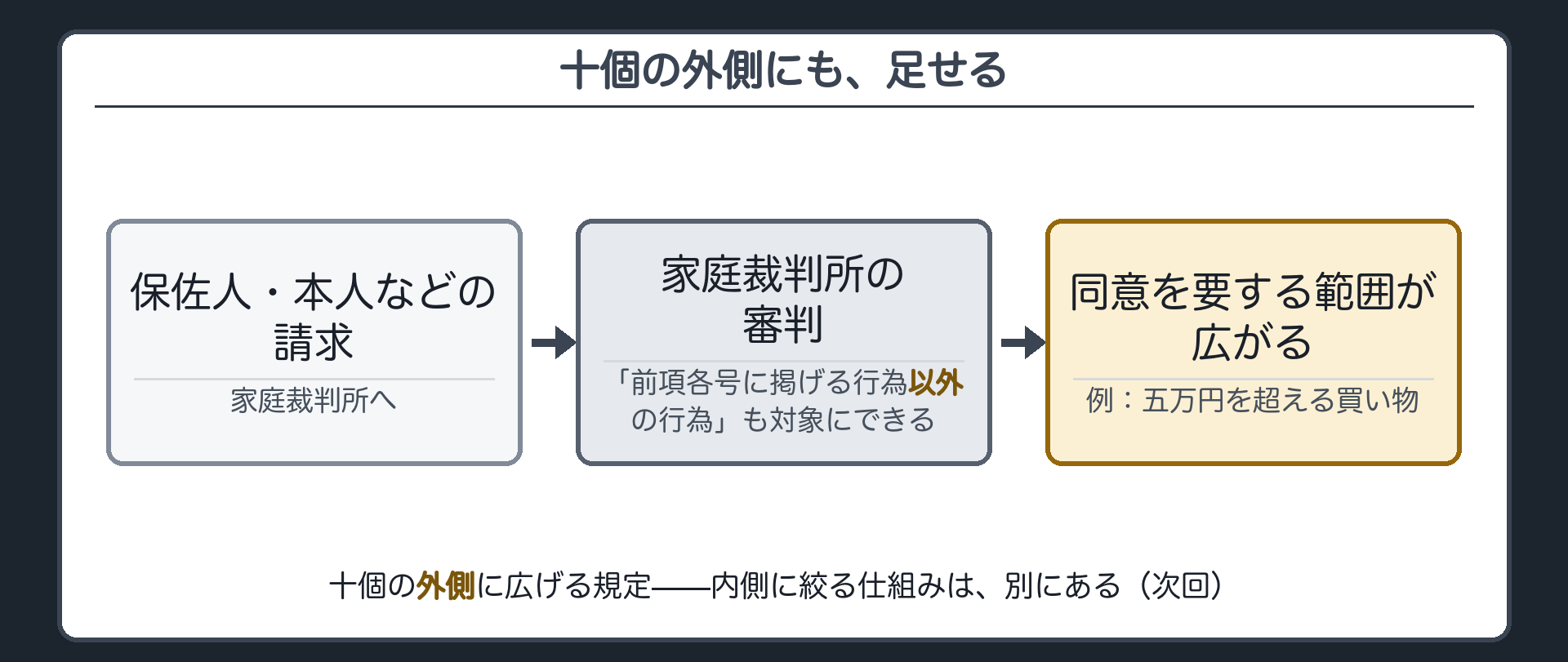 十個のリストの外側に広げる審判の図（枠の外に矢印で「同意を要する旨の審判で追加」）＋設例（五万円を超える買い物には同意を要する）＋「以外」という条文の言葉の強調