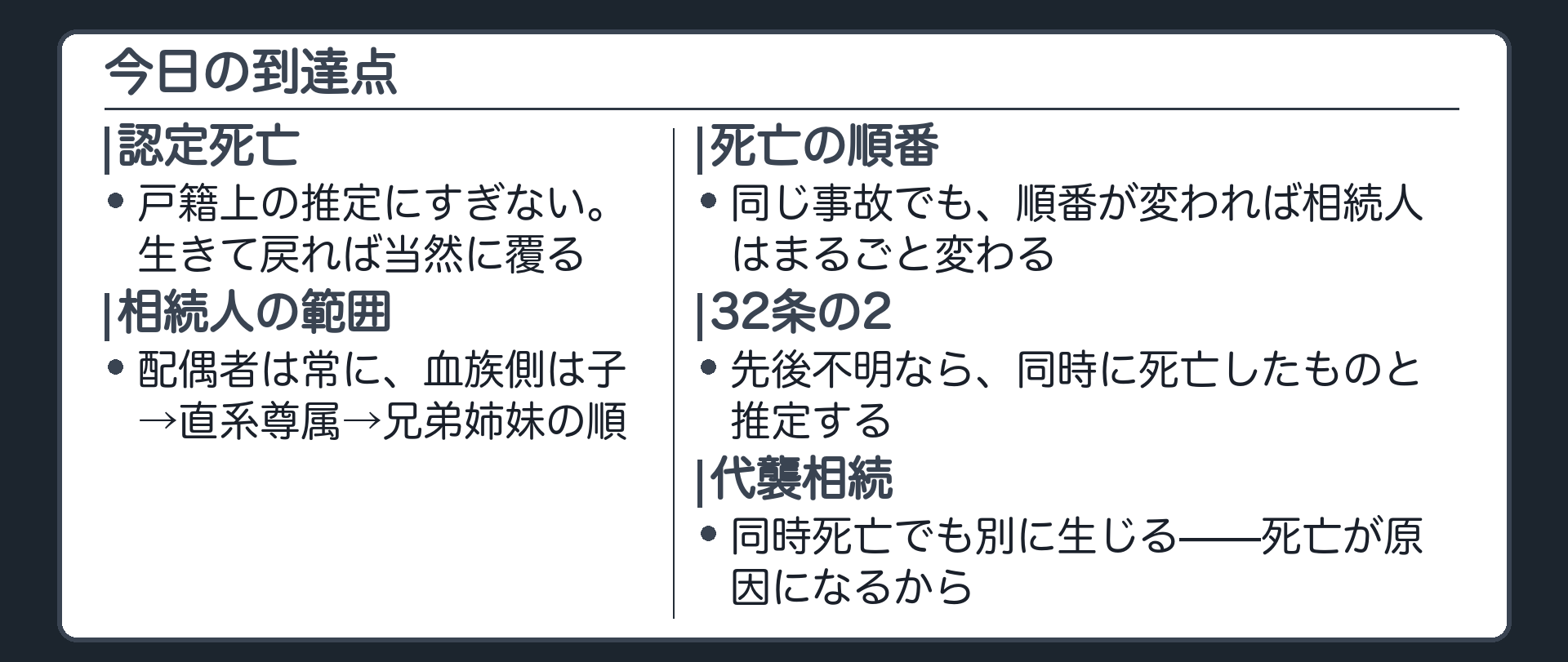 認定死亡は推定にすぎず相続人の範囲は順位で決まり死亡の順番が結果を変えるが32条の2で同時死亡と推定しても代襲相続は死亡が原因だから別に生じるという到達点をまとめる板