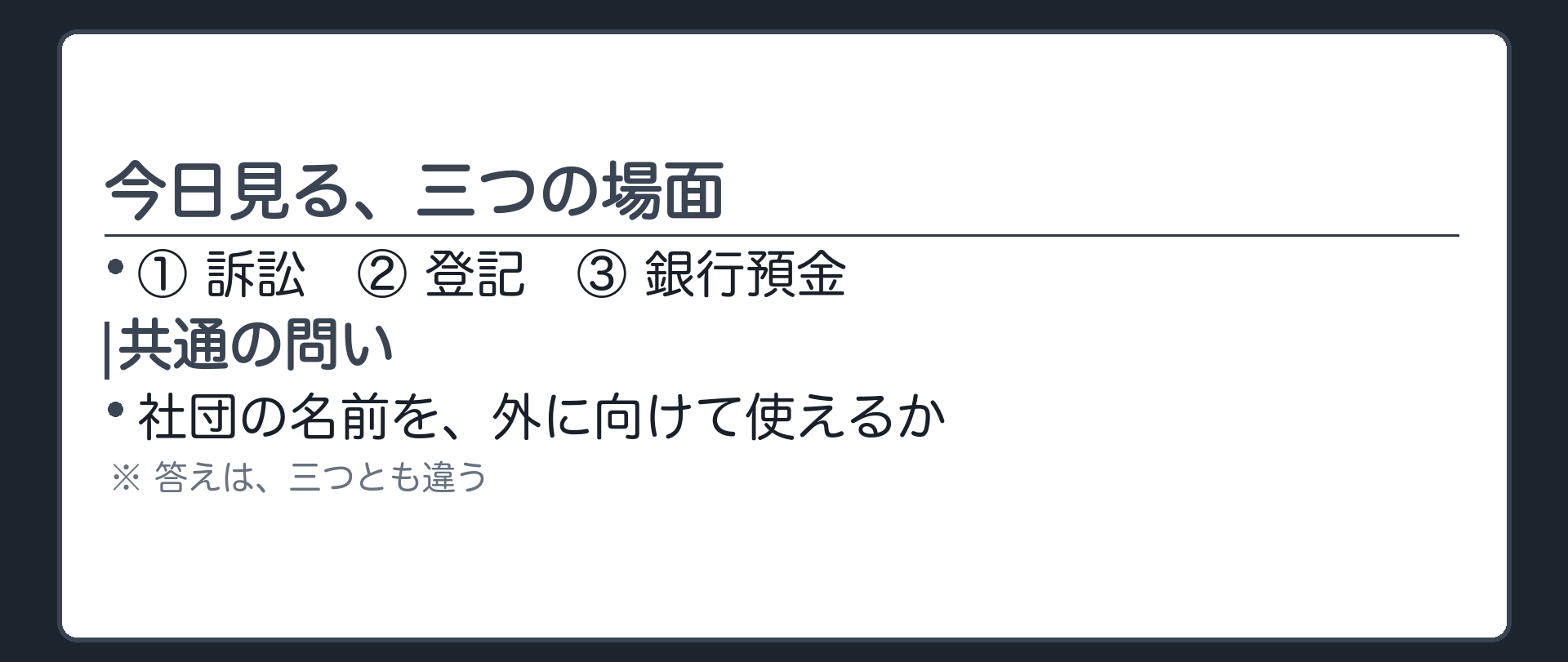 訴訟・登記・預金という三つの場面を予告し性質の違いという結論を隠したまま示す地図板