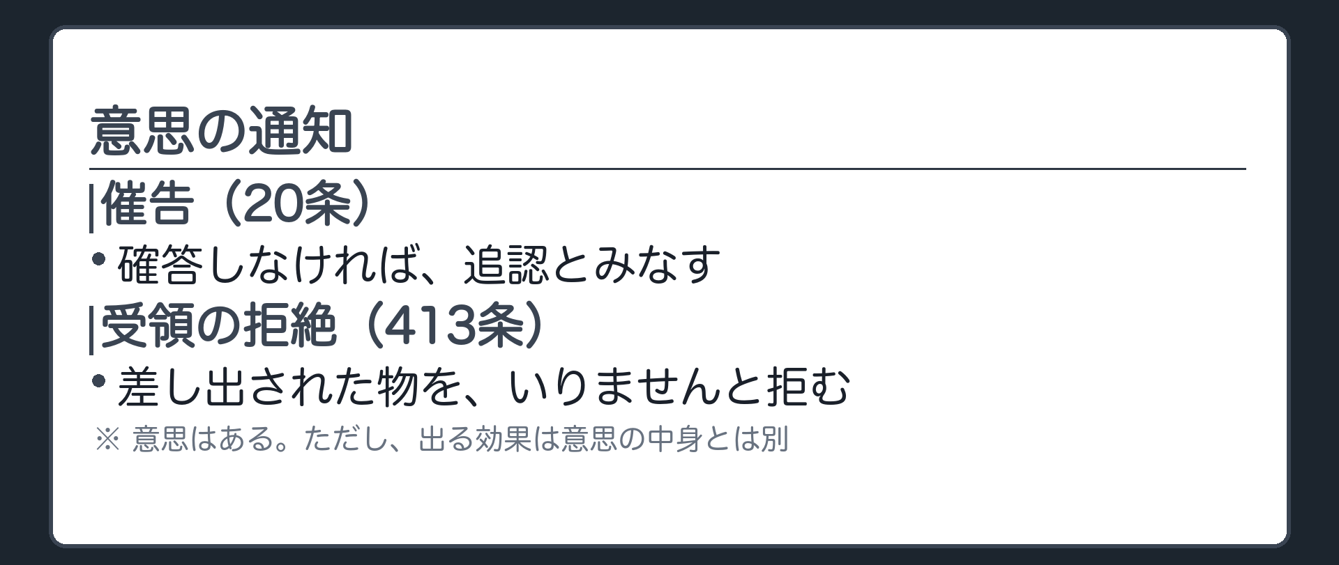 意思の通知の例板（催告20条の呼び戻し・受領の拒絶413条／意思はあるが出る効果は意思の中身と別）