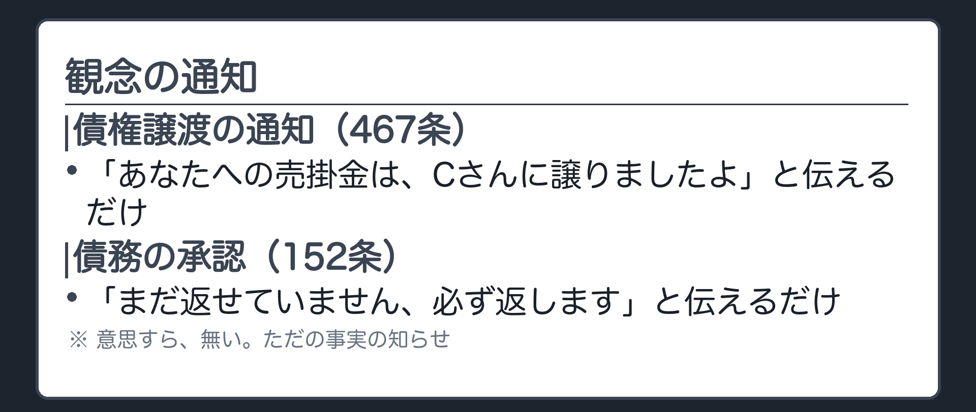 観念の通知の例板（債権譲渡の通知467条・債務の承認152条／意思すら無い、ただの事実の知らせ）