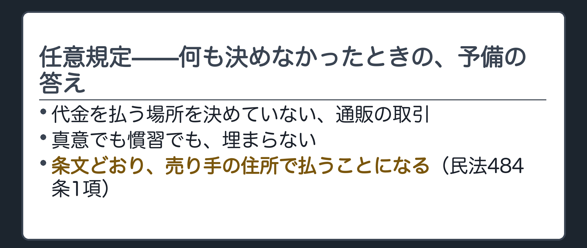任意規定の実例板（代金を払う場所を決めていない通販の取引／何も決めなかったときの予備の答え）