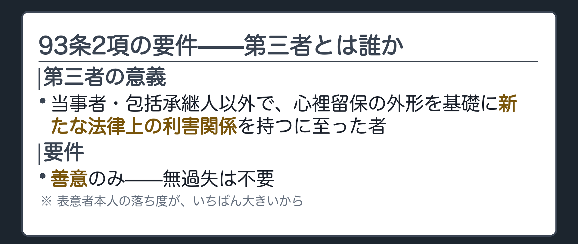 要件板（第三者の意義＝当事者・包括承継人以外で、新たな法律上の利害関係を持つに至った者／要件は善意のみ・無過失は不要）＋出品者本人の落ち度がいちばん大きいから
