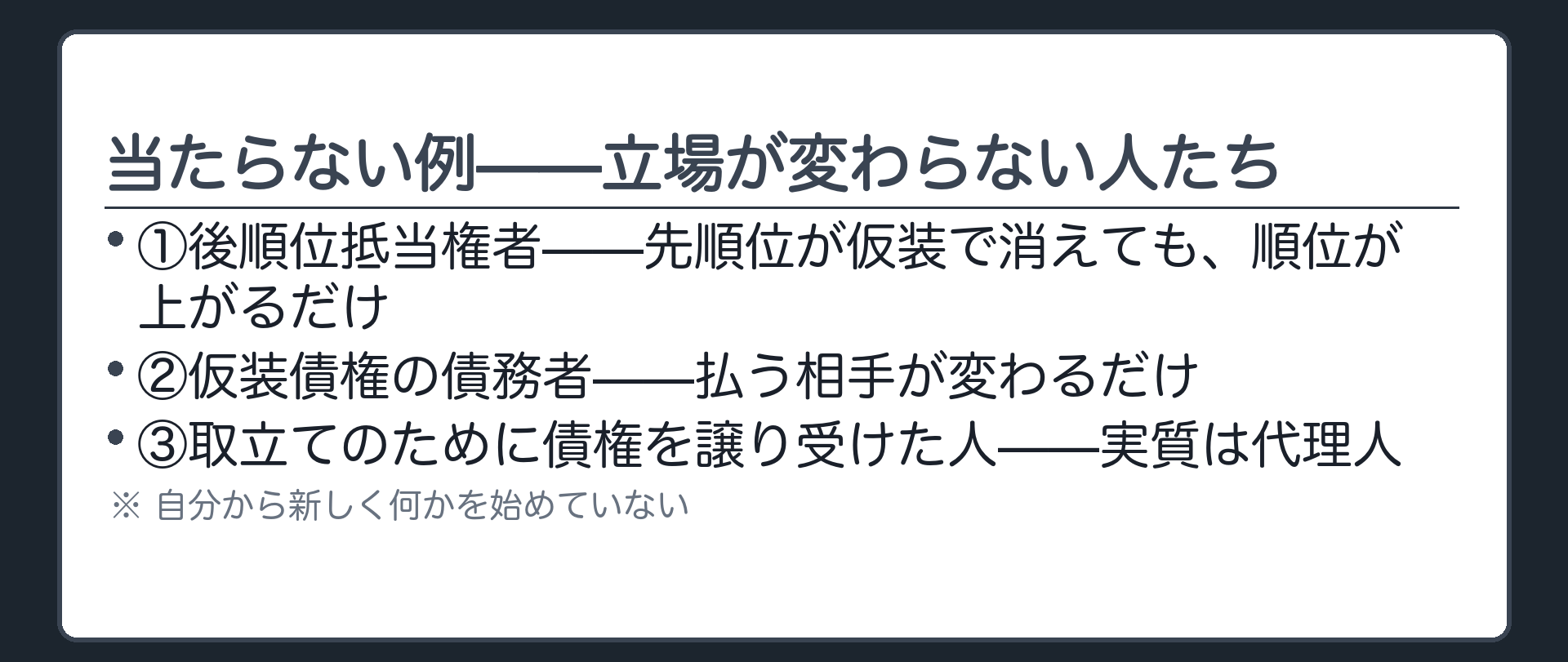 第三者に当たらない例・グループ2の一覧板（後順位抵当権者／仮装債権の債務者／取立てのための債権譲受人）