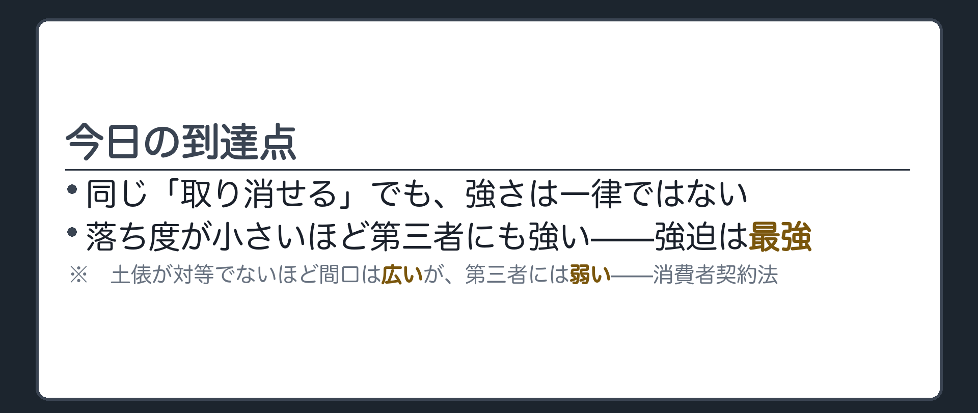 到達点の板（同じ「取り消せる」でも強さは一律ではない／落ち度が小さいほど強い／土俵が対等でないほど広いが弱い）