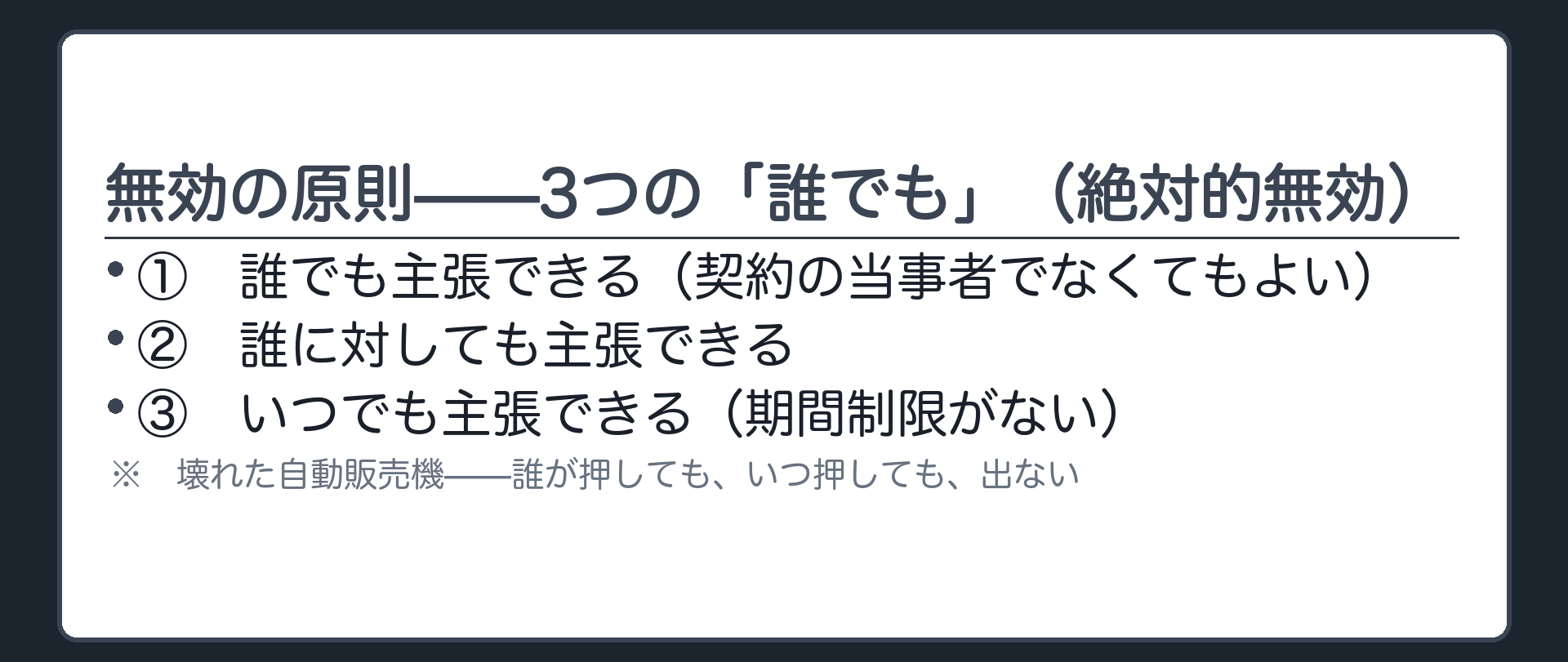 絶対的無効の構造図（誰でも主張できる／誰に対しても主張できる／いつまでも主張できる＝3つの「誰でも」）