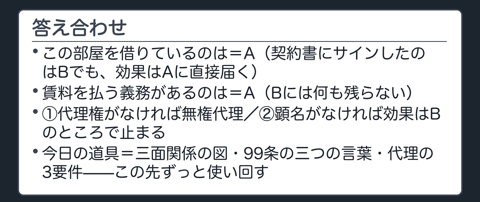 冒頭設例への回帰板（契約線B–C・効果線A–C・A=賃借人・賃料債務者）