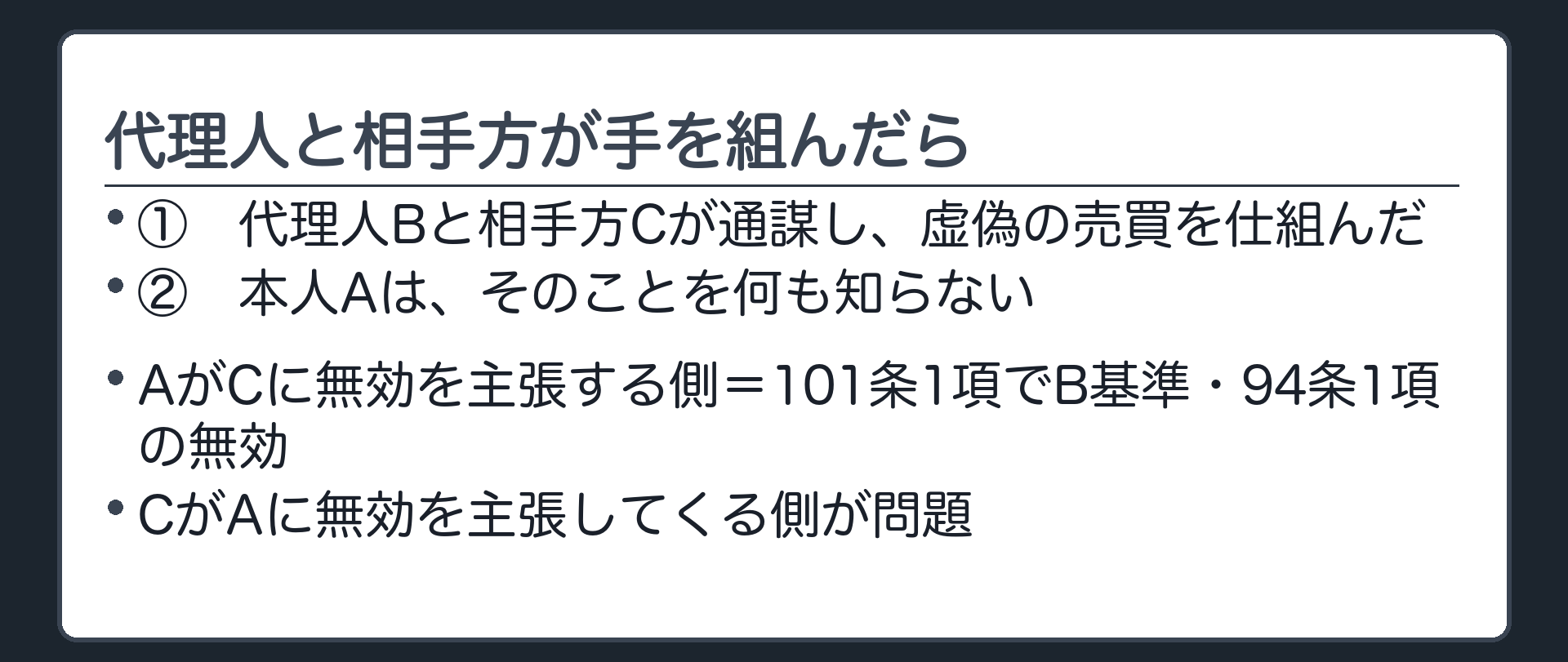 通謀虚偽表示の設例板（代理人Bと相手方Cが通謀して虚偽の売買を仕組んだ／本人Aは知らない）