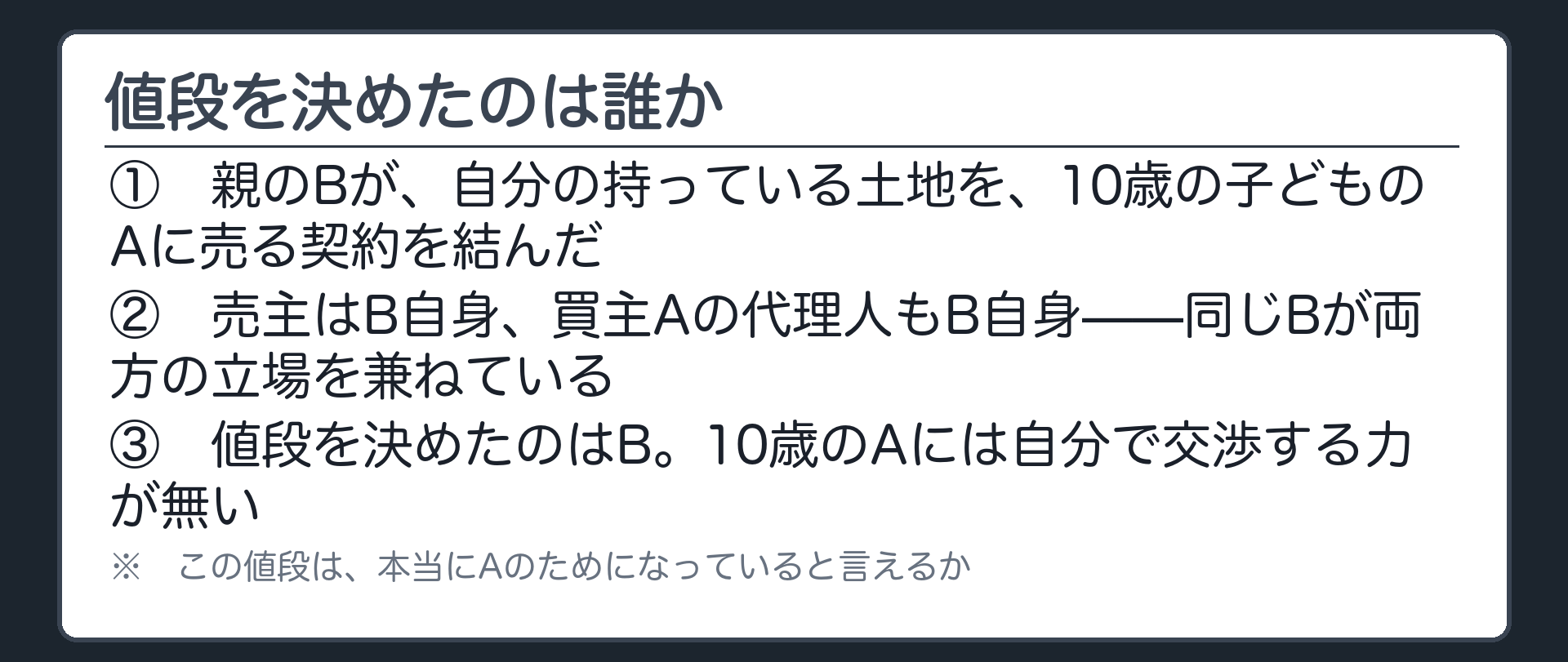 冒頭設例板（親Bが自分の土地を10歳の子Aに売る契約を、子の法定代理人として結んだ／値段を決めたのは誰か）