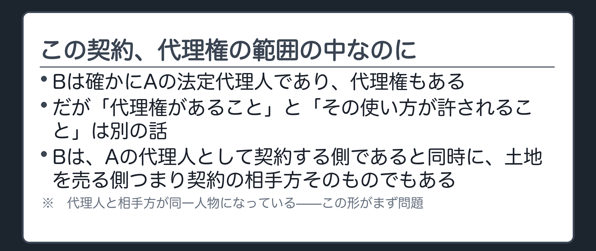 設例の法的構造板（親BがAの法定代理人として自分の土地をAに売る＝自己契約にあたる）