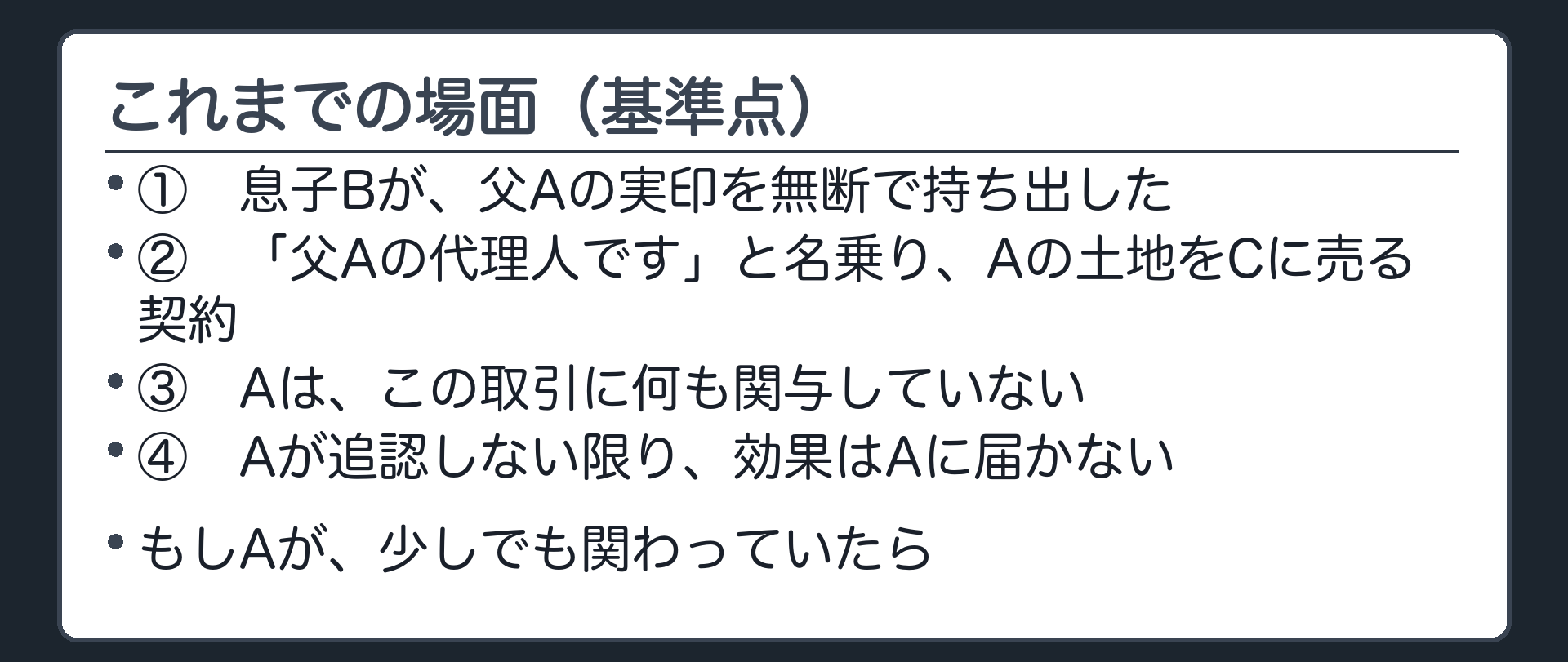 冒頭設例板の再掲。息子Bが父Aの実印を無断で持ち出し、「父Aの代理人です」と名乗ってAの土地をCに売った。Aは何も関与していない。Aが追認しない限り効果はAに届かない。
