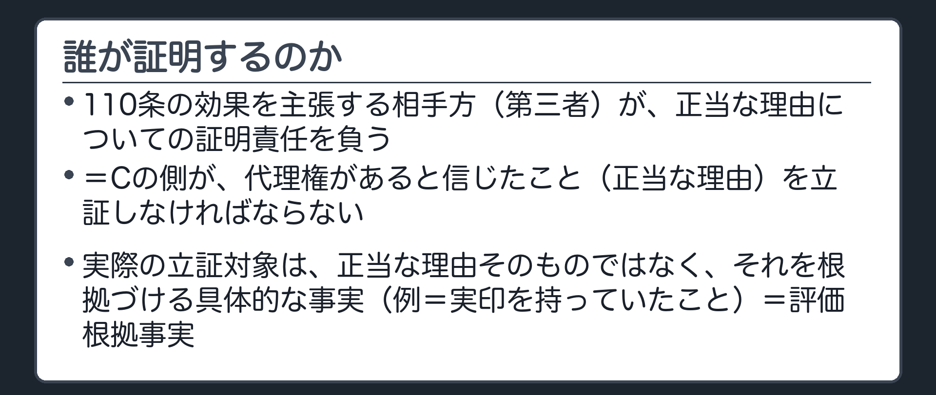 証明責任板。110条の効果を主張する相手方（第三者）が、正当な理由についての証明責任を負う。実際の立証対象は、それを根拠づける具体的な事実（例＝実印を持っていたこと）＝評価根拠事実。