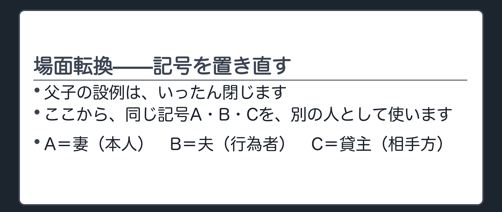 場面転換板。父子の設例はいったん閉じる。ここから記号を置き直す。A＝妻（本人）、B＝夫（行為者）、C＝貸主（相手方）。
