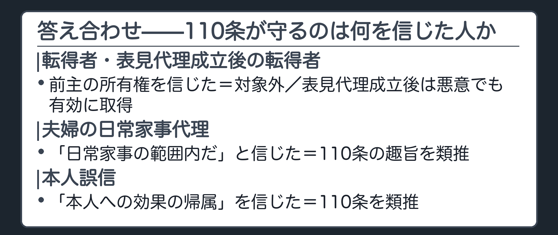 保存版板。110条が守るのは何を信じた人か。転得者＝前主の所有権を信じた（対象外）。本人誤信＝本人への効果の帰属を信じた（類推）。夫婦＝日常家事の範囲内だと信じた（趣旨の類推）。