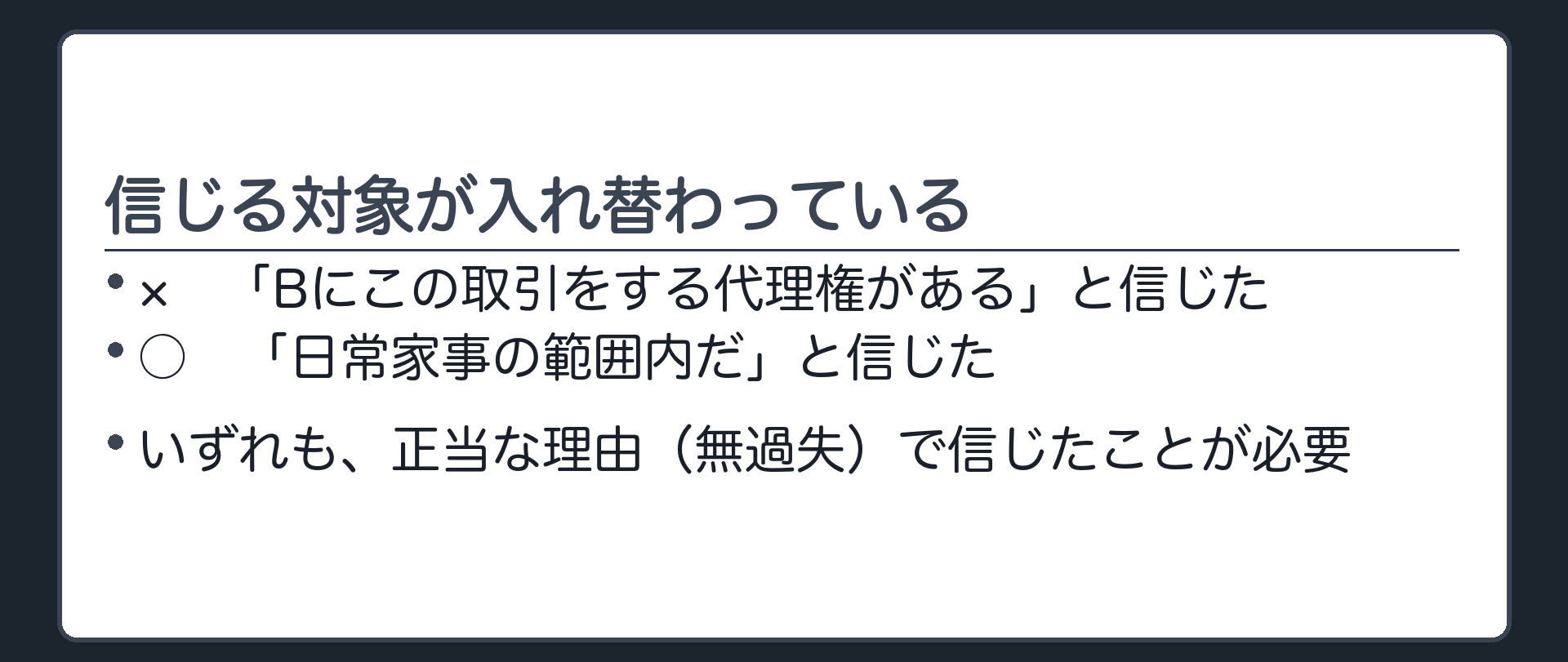 差し替え板。×「Bにこの取引をする代理権がある」と信じた／○「このA・Bという夫婦では、この行為も日常の家事の範囲内だ」と信じた。いずれも正当な理由（無過失）が必要。