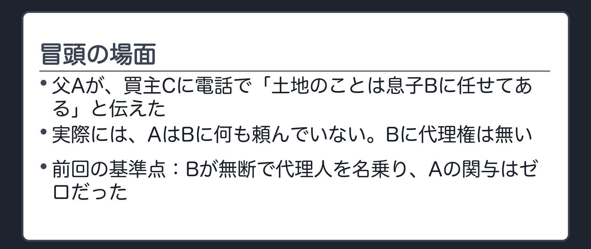 冒頭設例板。父Aが買主Cに電話で「土地のことは息子Bに任せてある」と伝えた。実際にはAはBに何も頼んでいない。