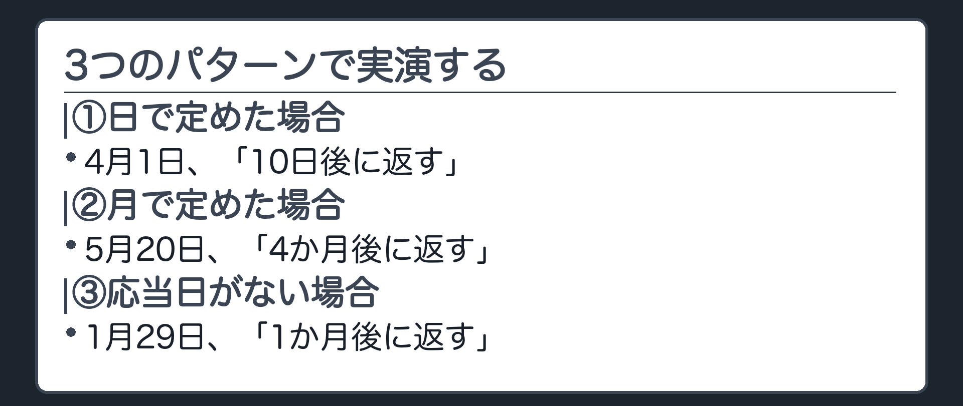 実演導入板。①日で定めた場合＝4月1日「10日後に返す」。②月で定めた場合＝5月20日「4か月後に返す」。③応当日がない場合＝1月29日「1か月後に返す」。