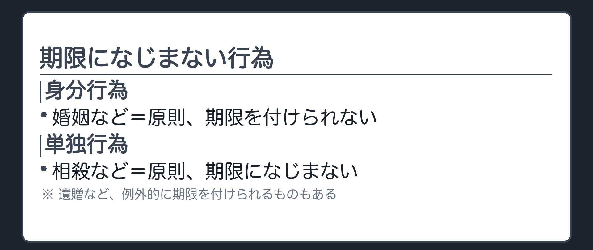一言板。身分行為（期限付きの婚姻など）は原則不可。単独行為（相殺など）も原則不可だが、遺贈のように例外的に期限を付けられるものもある。