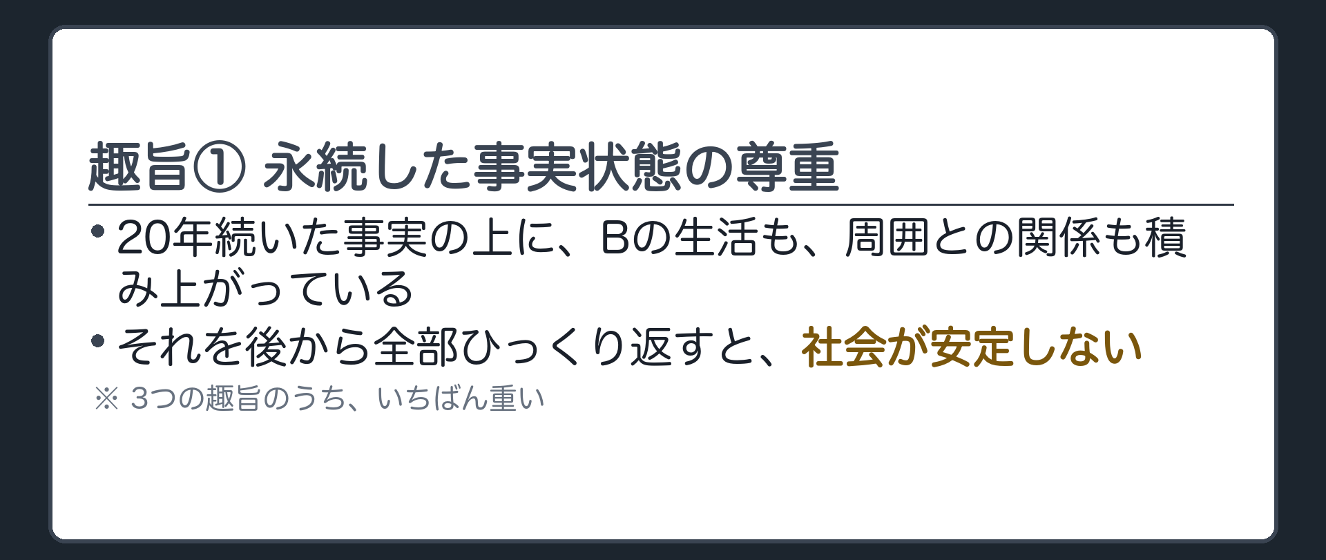 一言板。趣旨①＝20年続いた事実の上に生活も周囲との関係も積み上がっている。後から全部ひっくり返すと社会が安定しない。3つの趣旨のうちいちばん重い。