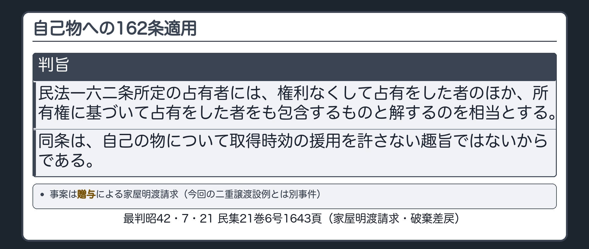 判旨カード。贈与で得た家屋をめぐる別事件で示された考え方