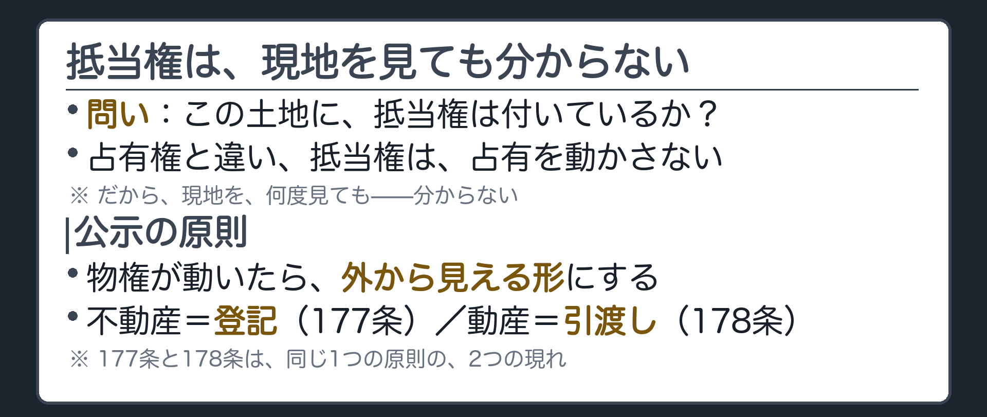 抵当権は占有を伴わないため現地を何度見ても分からないことを示す公示の必要性板
