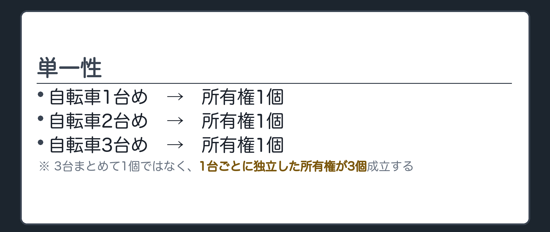 自転車3台のイラスト。1台=1個のラベル×3。3台まとめて1個ではなく、1台ごとに3個の所有権。