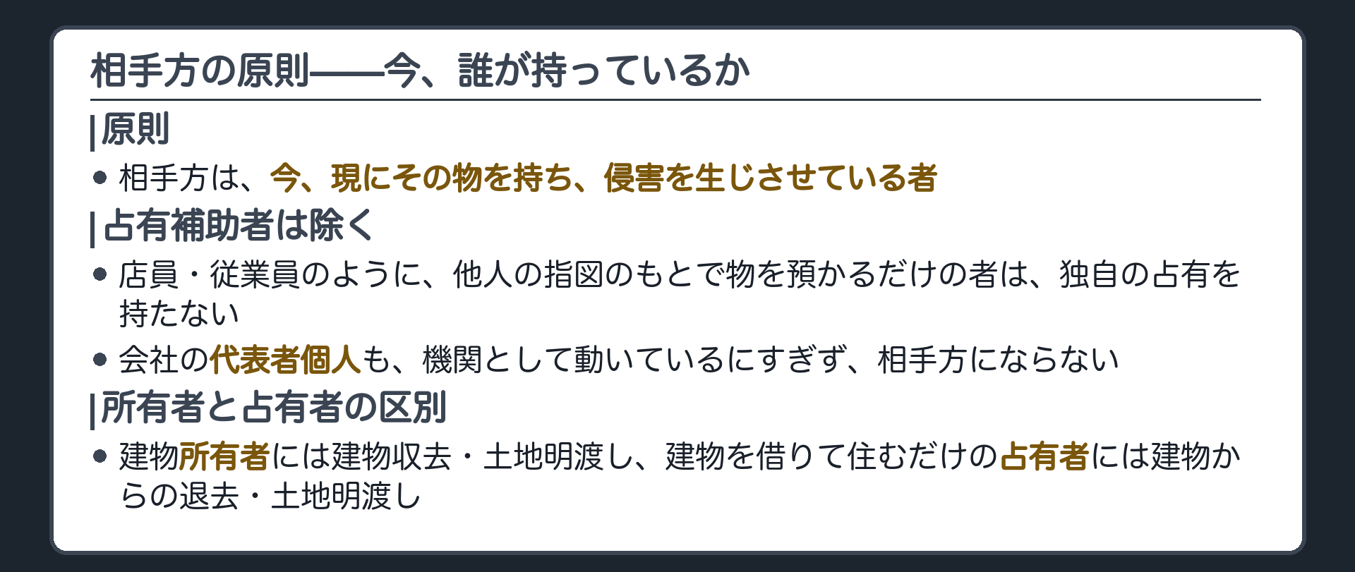 原則の板。相手方は現に物権を侵害している者。占有補助者(店員など)や法人の代表者個人は、独自の占有を持たないため相手方にならない。