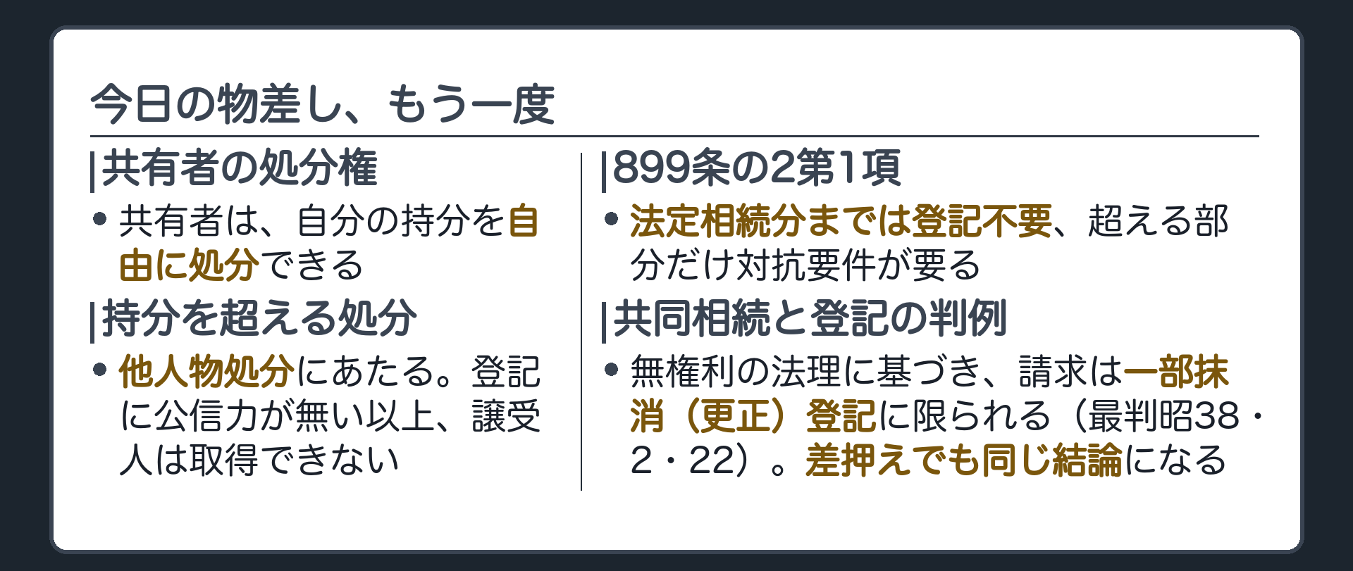 まとめの板。共有者は自分の持分を自由に処分できる。持分を超える処分は他人物処分にあたり、登記に公信力が無い以上、譲受人は取得できない。法定相続分までは登記不要、超える部分だけ対抗要件が要る（899条の2第1項）。共同相続と登記の判例は、無権利の法理に基づき、請求は一部抹消（更正）登記に限られる。差押えでも同じ結論。