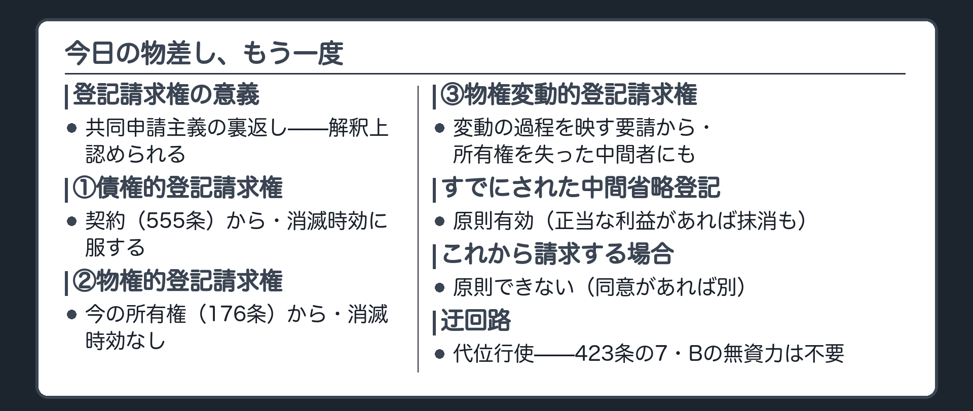 まとめの板。登記請求権は共同申請主義の裏返しとして解釈上認められる。①債権的=契約から・時効消滅する・②物権的=所有権から・時効消滅しない・③物権変動的=変動の過程を映す要請から・所有権を失った中間者にも認められる。中間省略登記は、もう登記された場合は原則有効、これから請求する場合は原則できない。迂回路は423条の7の代位行使。