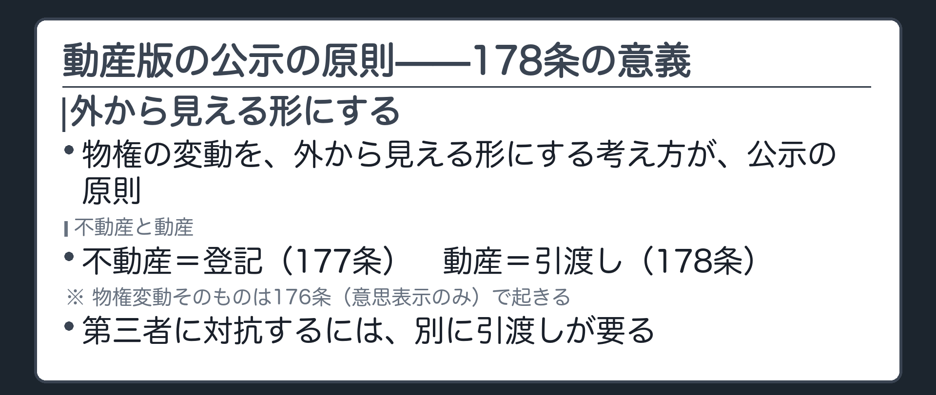178条の位置づけの板。公示の原則=物権変動を外から見える形にする。不動産は登記(177条)、動産は引渡し(178条)。動産の物権変動そのものは176条(意思表示のみ)で起きるが、第三者に対抗するには引渡しが要る。