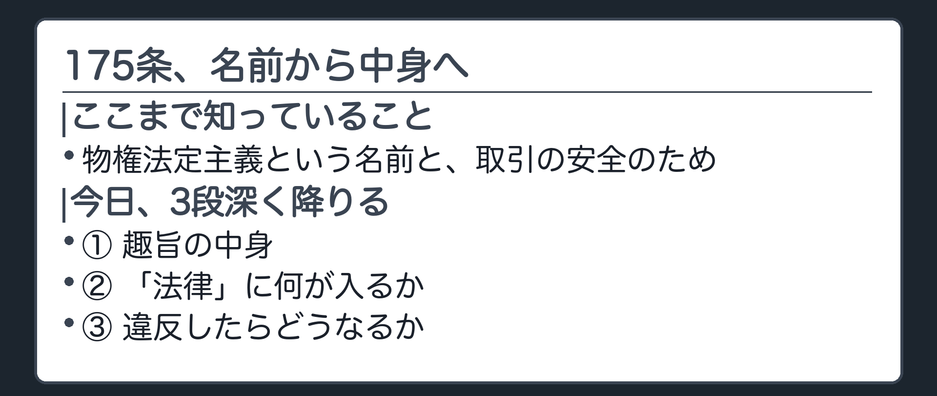 一言板。175条は、もう名前を知っている条文。今日はここから3段深く降りる(趣旨の中身／「法律」に何が入るか／違反したらどうなるか)。