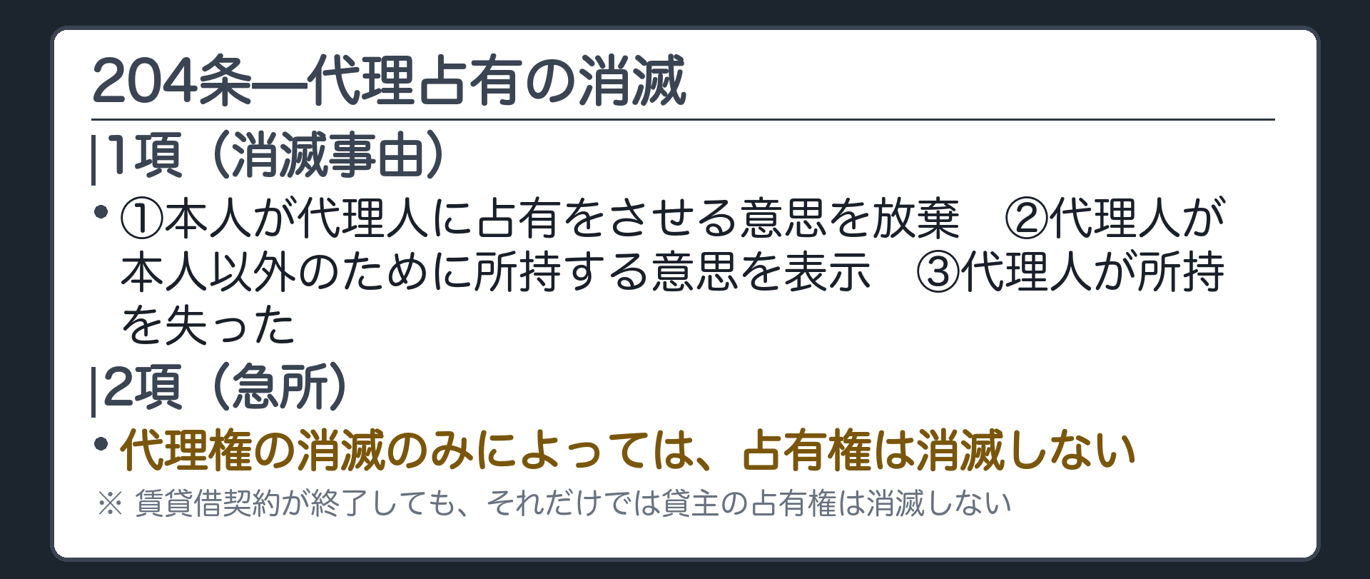 204条全文カードの背景。代理占有は、本人が代理させる意思を放棄したとき、代理人が本人以外のために所持する意思を表示したとき、代理人が所持を失ったときに消滅する。代理権の消滅だけでは占有権は消滅しない。