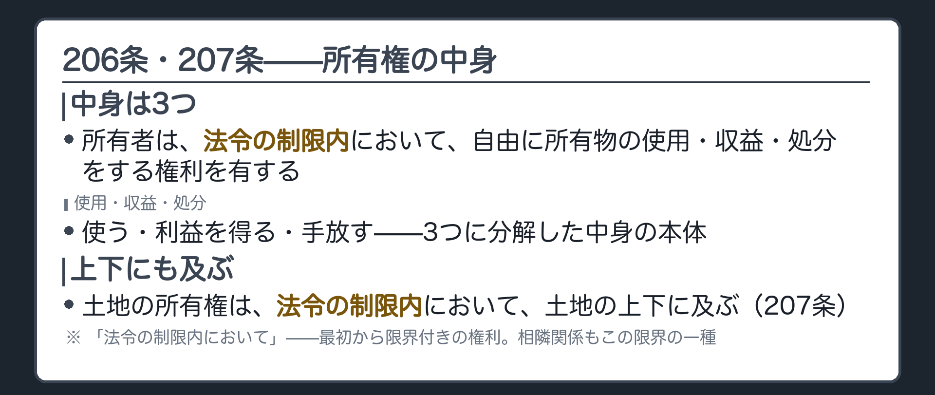 206条・207条全文カードの背景。所有者は法令の制限内において自由に所有物の使用・収益・処分をする権利を有する。土地の所有権は法令の制限内において土地の上下に及ぶ。