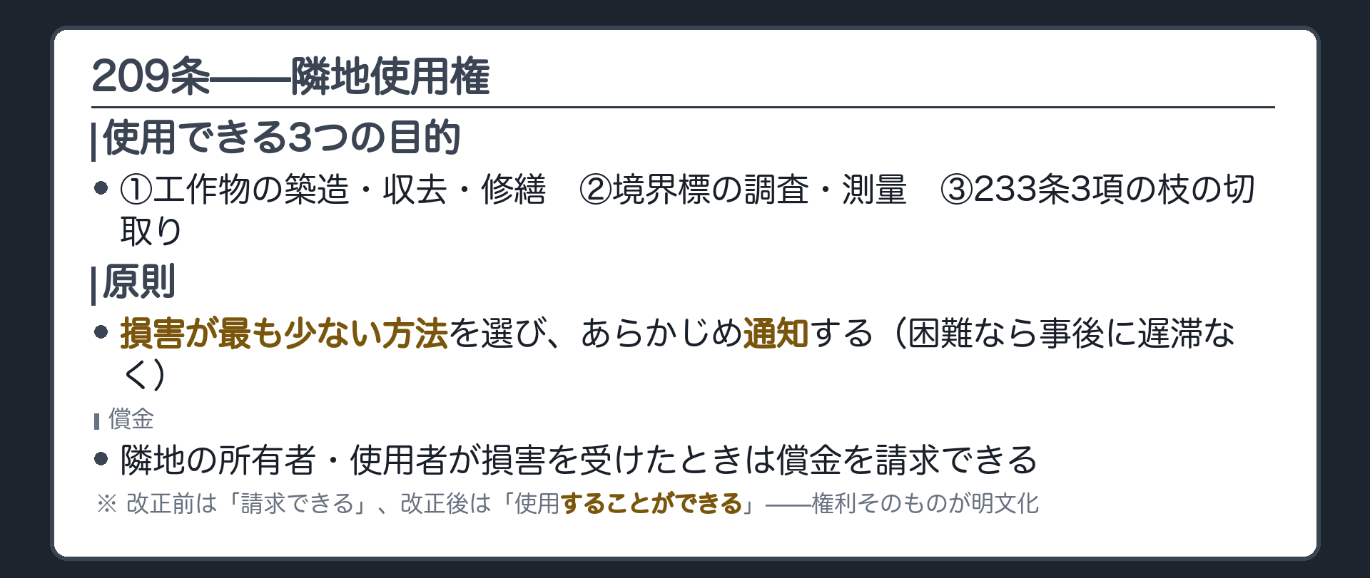209条全文カードの背景。工作物の築造・収去・修繕、境界標の調査・測量、枝の切取り、の3つの目的に限って隣地を使用できる。損害最小・事前通知・償金。