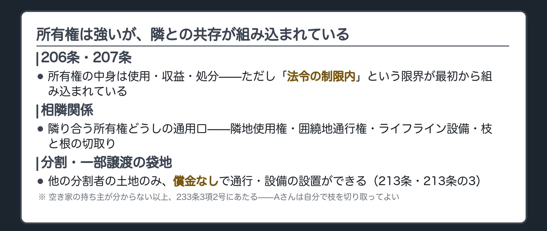 まとめ板。206・207条は所有権の中身と「法令の制限内」という限界。相隣関係は隣り合う所有権どうしの通用口。隣地使用権・囲繞地通行権・ライフライン設備・枝と根の切取りを1本の軸で振り返る。