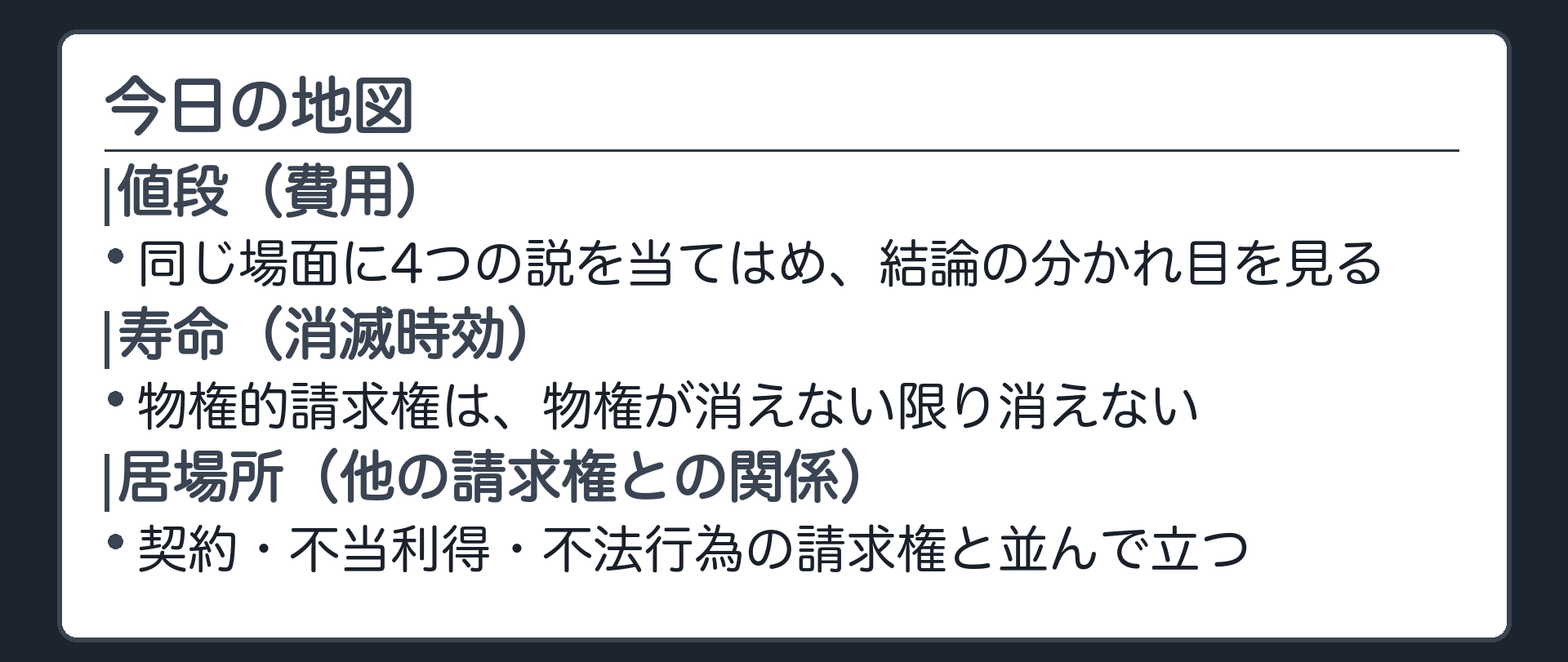 今日の地図。値段(費用の負担)・寿命(消滅時効)・居場所(他の請求権との関係)の3本。
