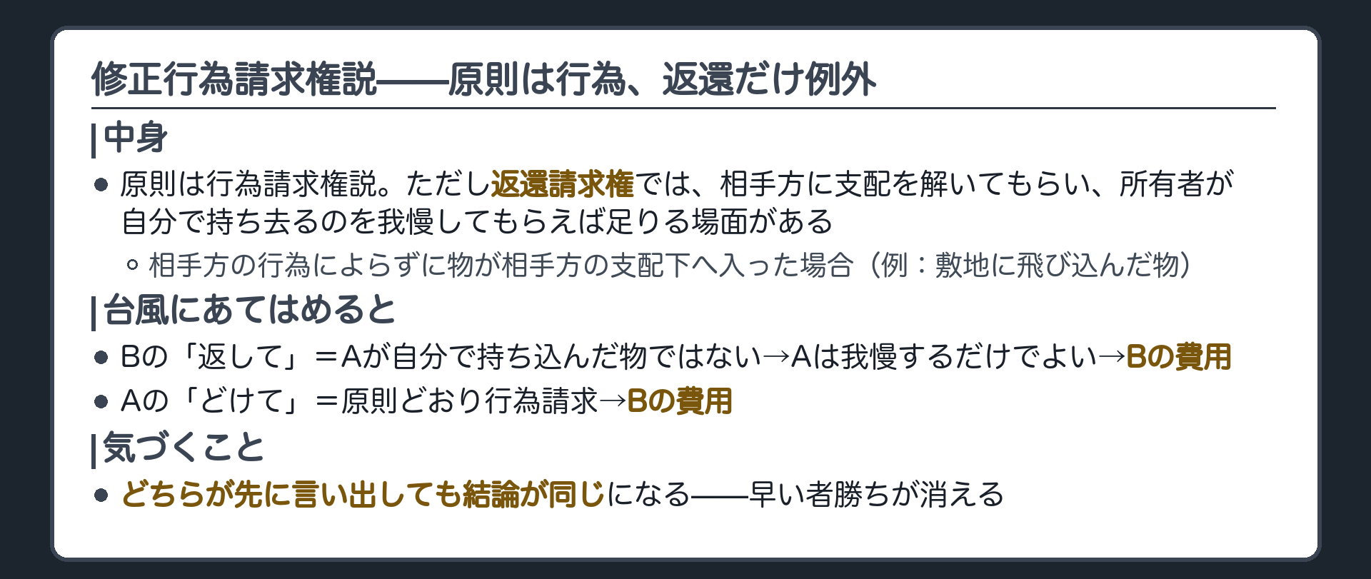 修正行為請求権説の板。中身=原則は行為請求権説、ただし返還請求権では相手方に支配を解いてもらい所有者が自分で持ち去るのを我慢してもらえば足りる場面がある(例=敷地に飛び込んだ物)。台風にあてはめると、Bの「返して」はAが自分で持ち込んだ物ではないのでAは我慢するだけでよくBの費用、Aの「どけて」も原則どおりBの費用。どちらが先に言い出しても結論が同じになる。