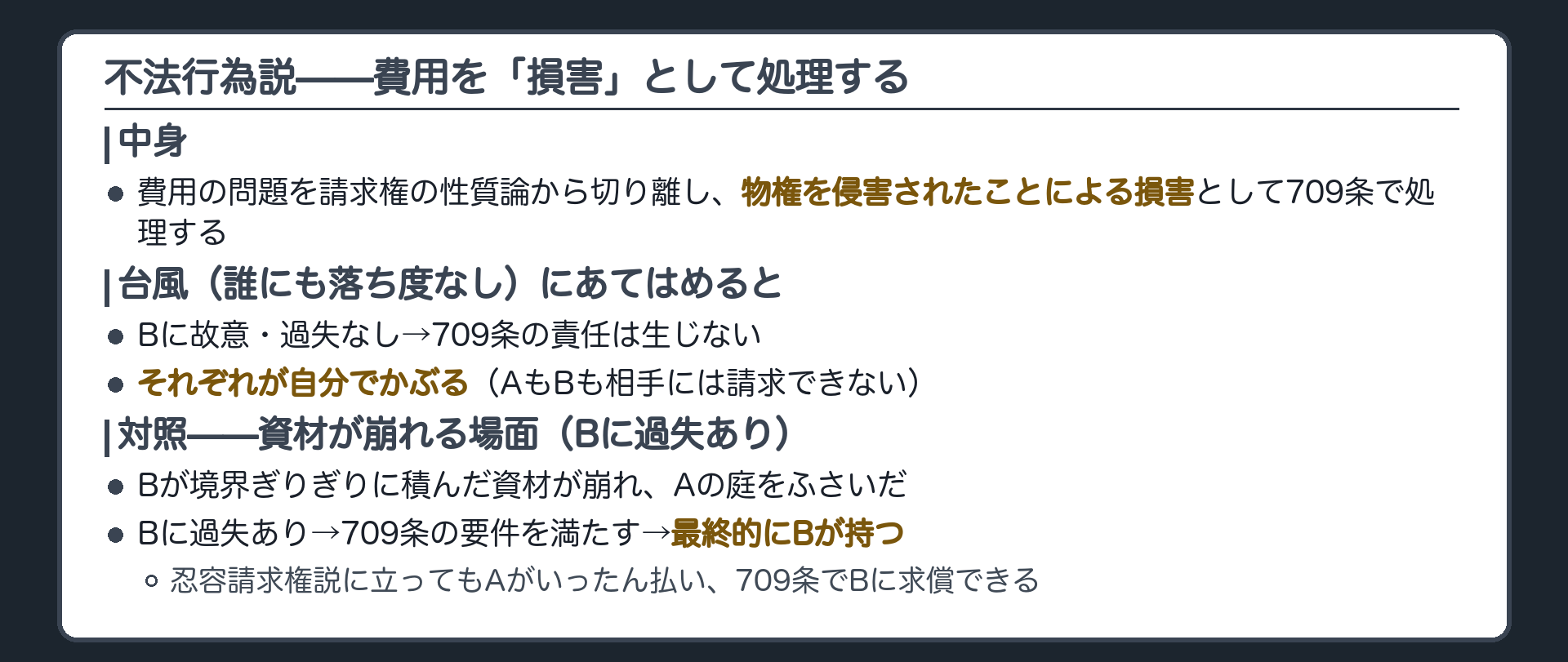 不法行為説の板。費用の問題を請求権の性質論から切り離し、物権を侵害されたことによる損害として709条で処理する。台風にあてはめると、Bに故意・過失なしなので709条の責任は生じず、それぞれが自分でかぶる。対照として、資材が崩れる場面ではBに過失があるので709条の要件を満たし、最終的にBが持つ(忍容請求権説に立ってもAが一旦払いBに求償できる)。