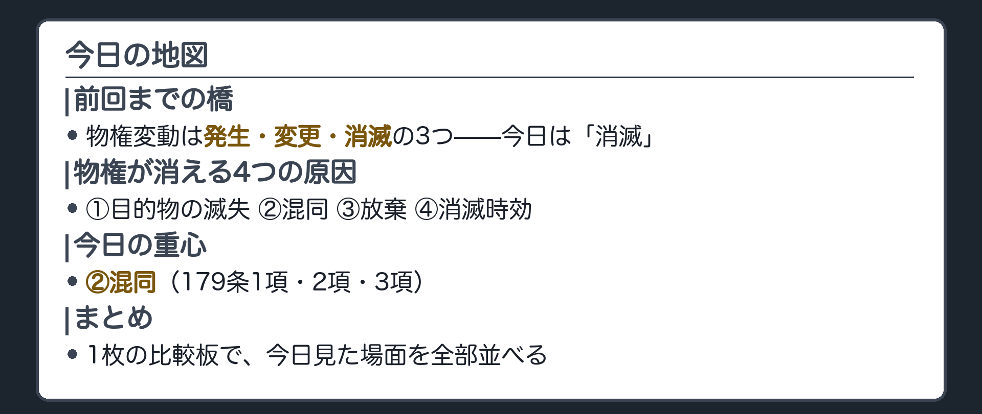 今日の地図。前回までの橋(発生・変更・消滅の3つ)・物権が消える4つの原因(滅失・混同・放棄・消滅時効)・今日の重心は混同・179条の1項2項3項・まとめの比較板。