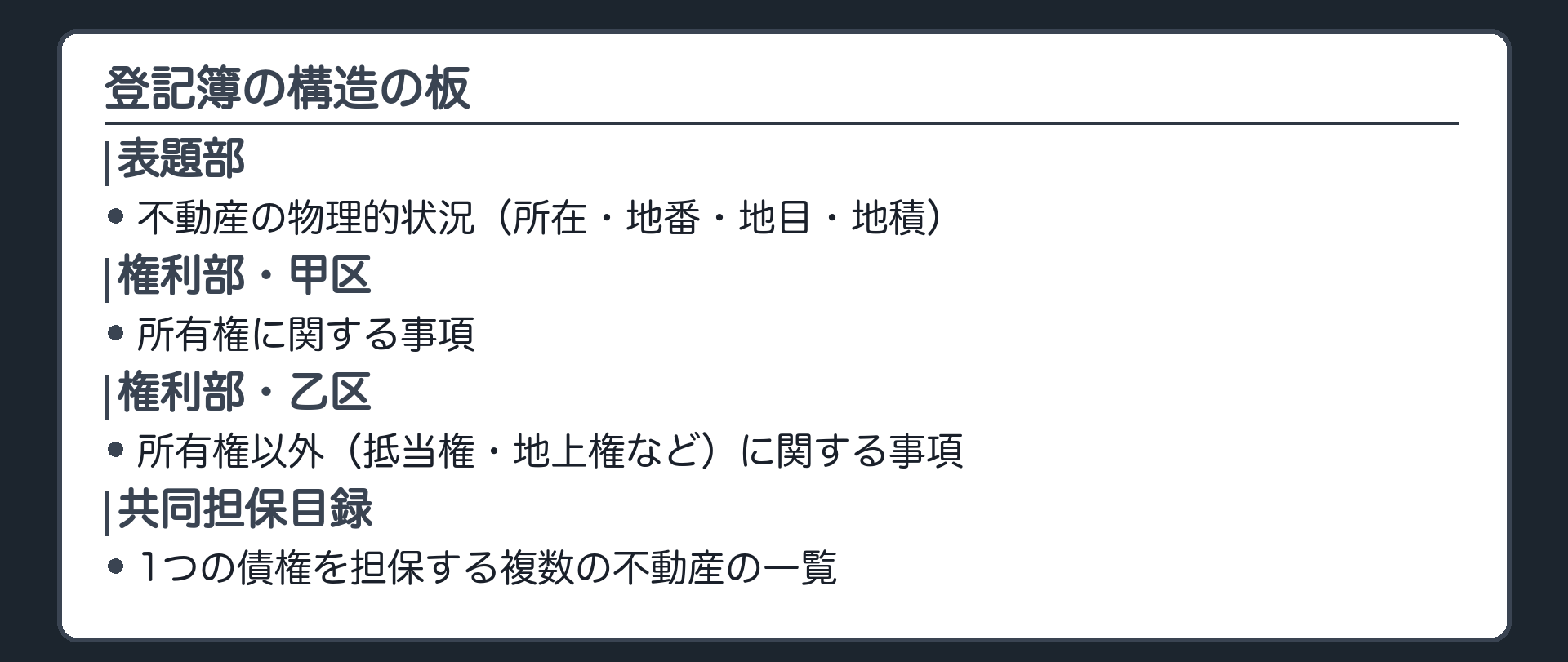 登記簿の構造の板。表題部=不動産の物理的状況(所在・地番・地目・地積)。権利部・甲区=所有権に関する事項。権利部・乙区=所有権以外(抵当権・地上権など)に関する事項。共同担保目録=1つの債権を担保する複数の不動産の一覧。