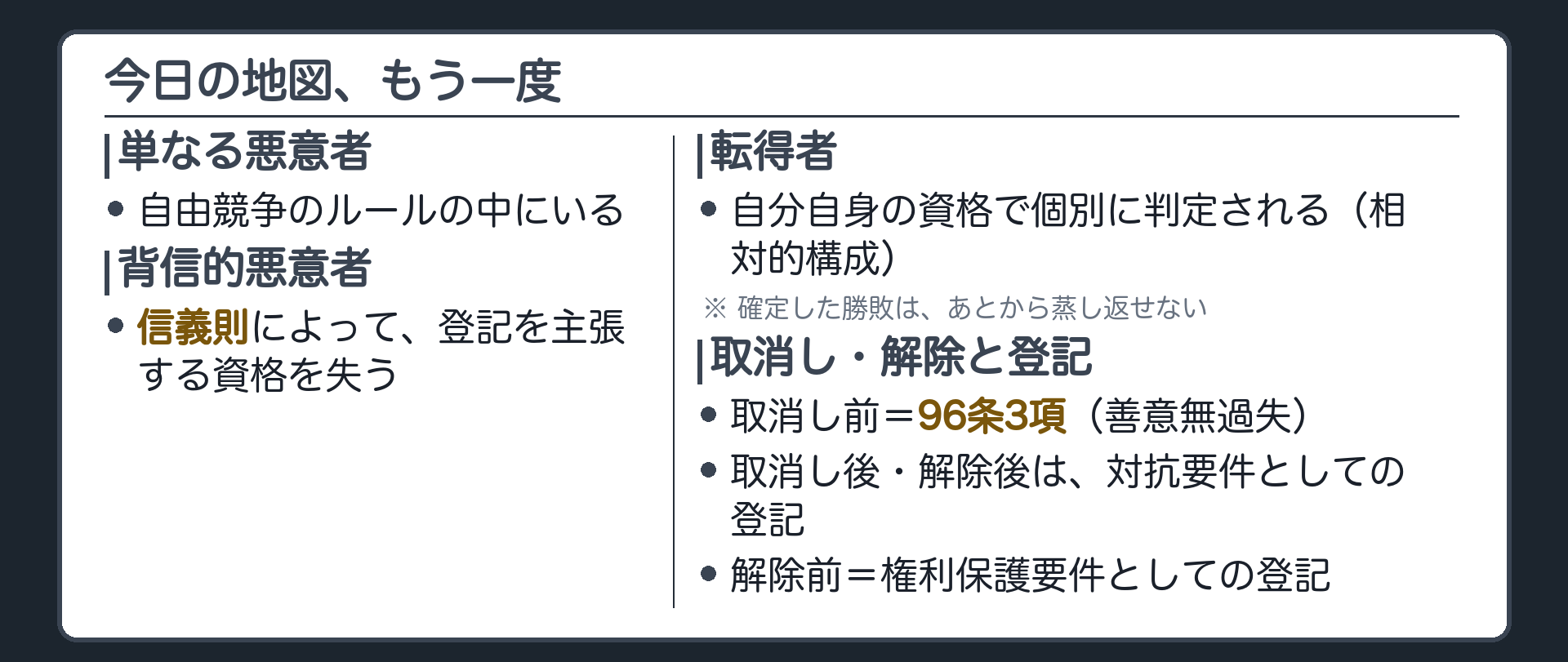 まとめの板。単なる悪意者=自由競争の中。背信的悪意者=信義則で登記の主張を失う。転得者は自分自身の資格で個別に判定(相対的構成)。確定した勝敗は蒸し返せない。取消し前=96条3項、取消し後・解除後=対抗要件、解除前=権利保護要件。